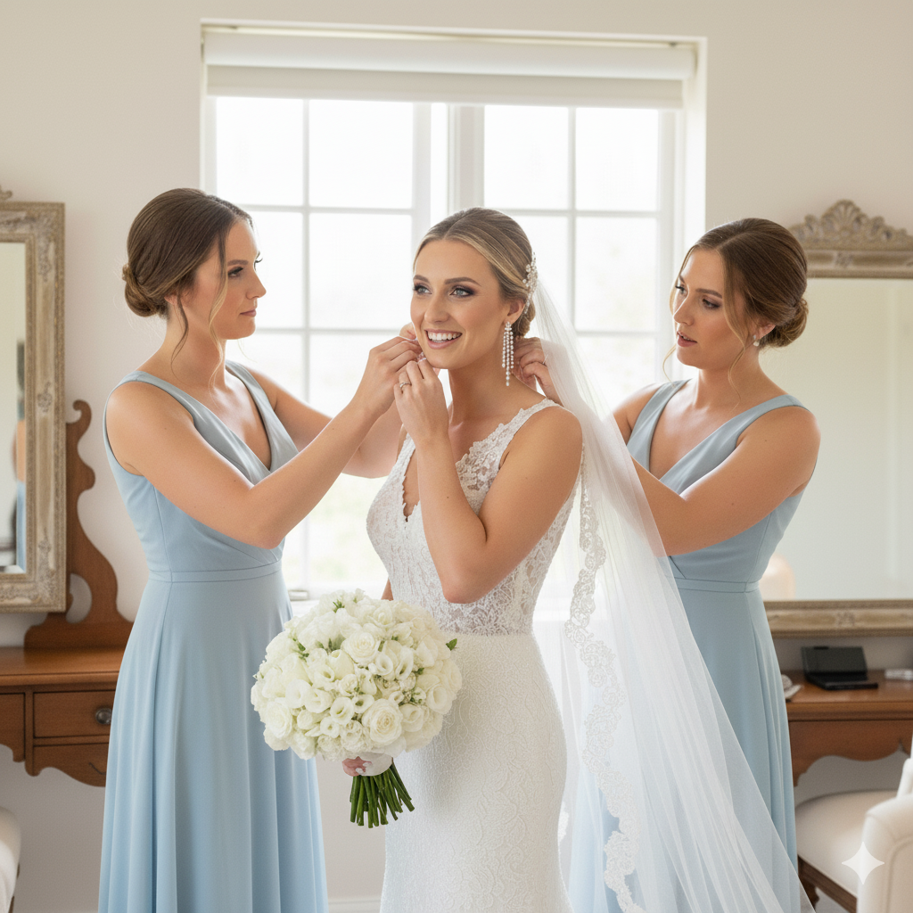 bridesmaids helping bride get ready in natural light.

