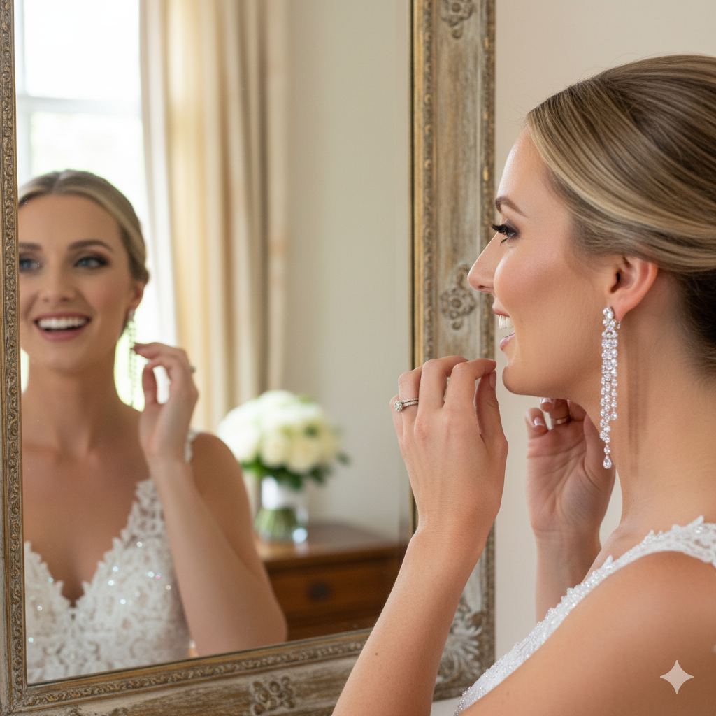 bride wearing crystal drop earrings with updo hairstyle.