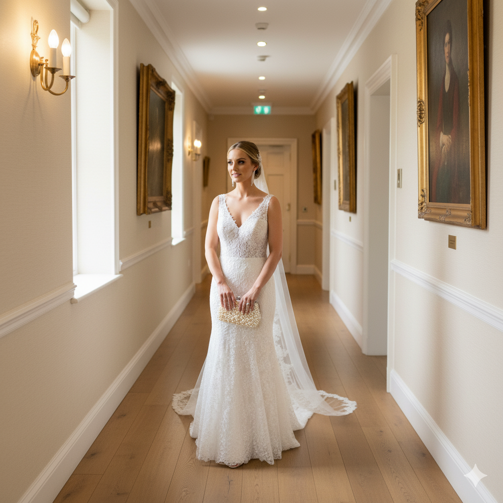 bride holding small pearl bridal clutch.
