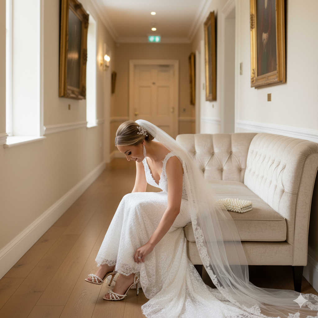  bride wearing pearl ankle strap bridal heels.
