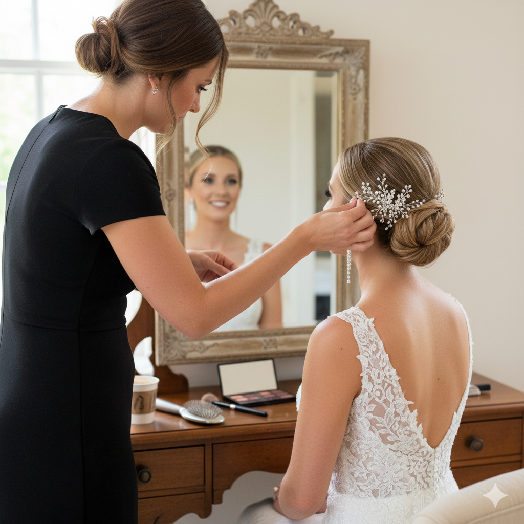  hairstylist fixing jeweled hair comb in bride’s updo.