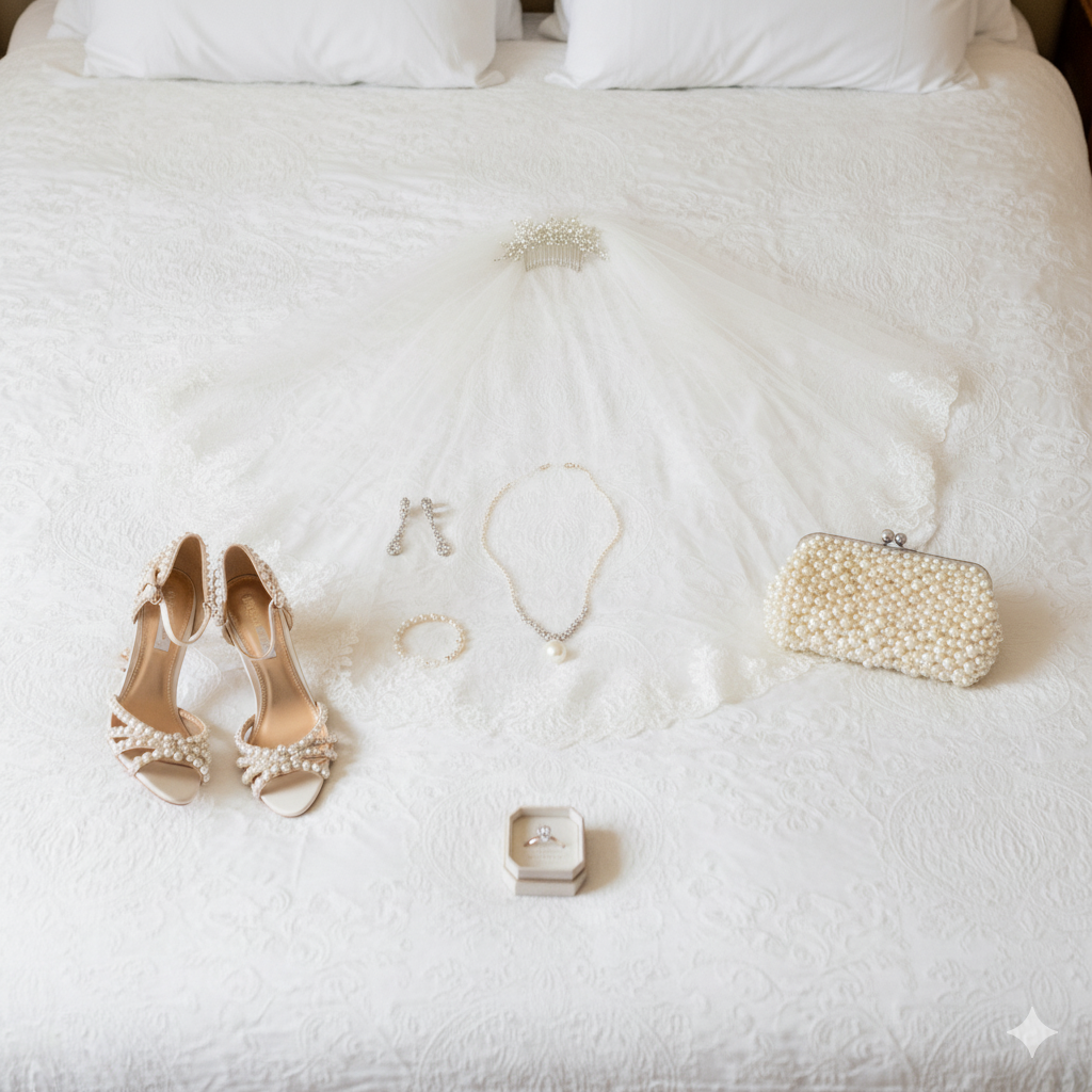 pearl bridal jewelry set on white lace background.
 