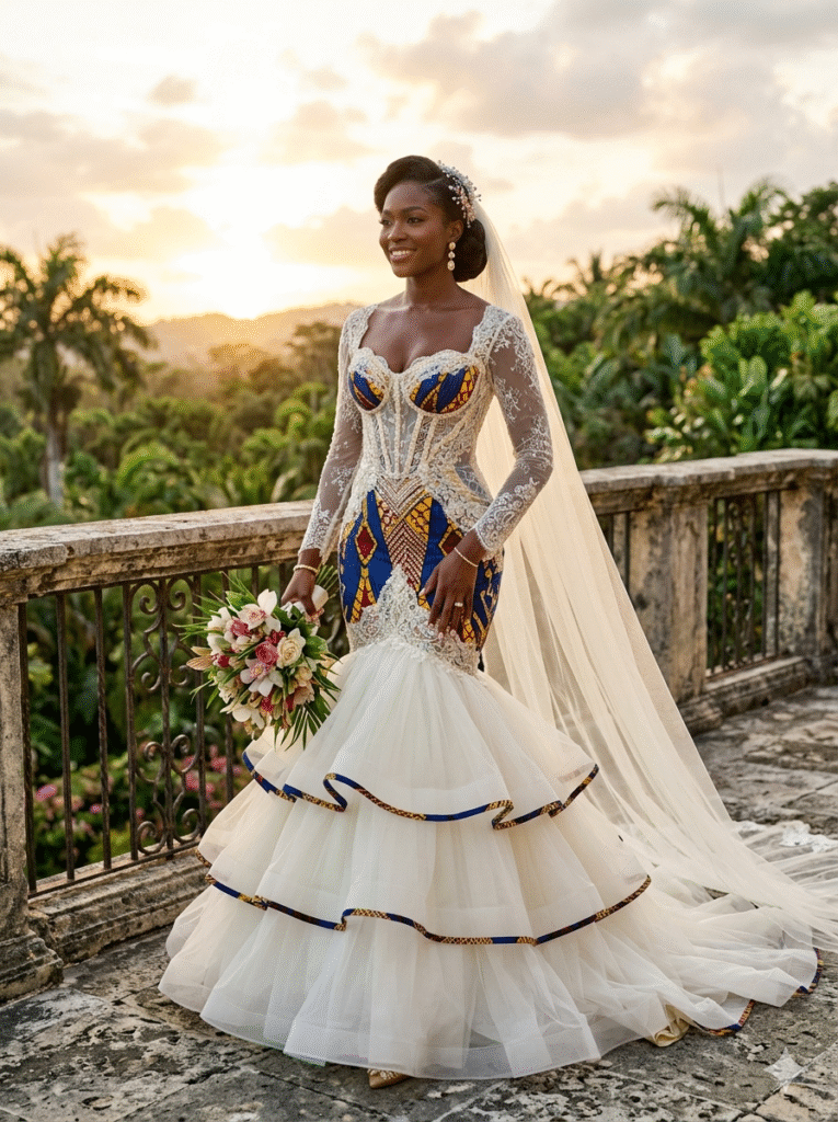 afro-centric wedding dress, Ankara dress couture at its finest, this stunning Afro-fusion gown beautifully pairs a vibrant, lace-overlaid bodice with a dramatic, multi-tiered ivory tulle mermaid skirt.